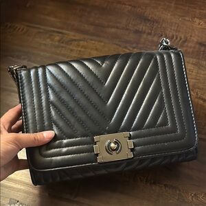 Black Quilted Leather Shoulder Bag with Chain Strap